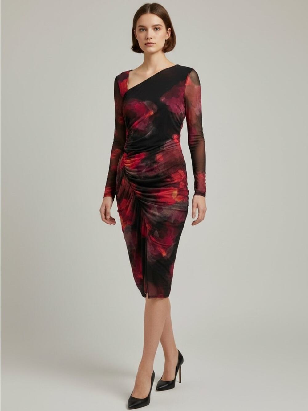 DKNY Ruched Midi Dress Sheer Sleeve Red Black Floral 10P NWT